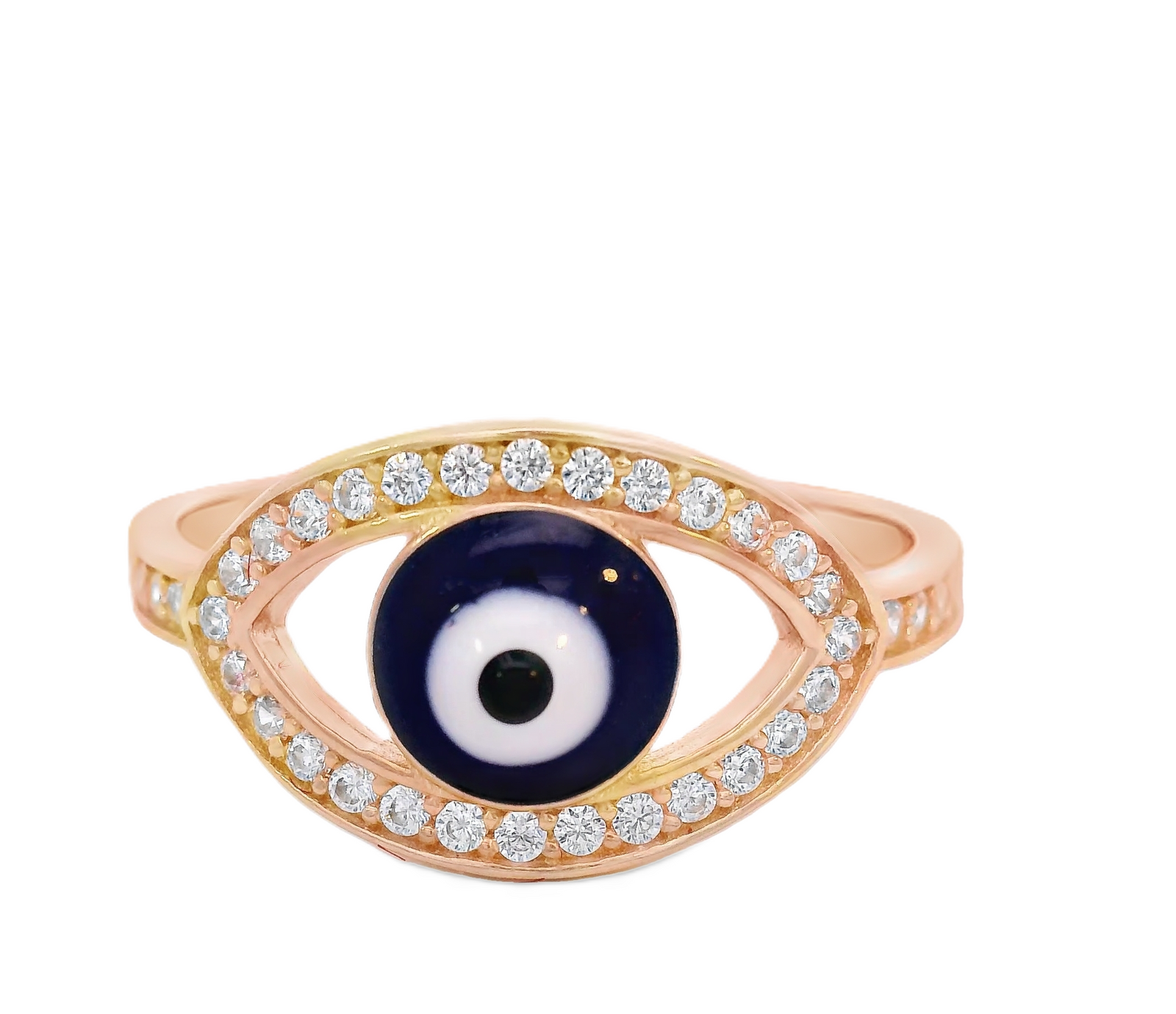 14K Real Gold Evil Eye Blue CZ Ring for Women