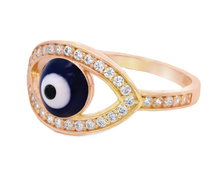 14K Real Gold Evil Eye Blue CZ Ring for Women
