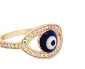 14K Real Gold Evil Eye Blue CZ Ring for Women