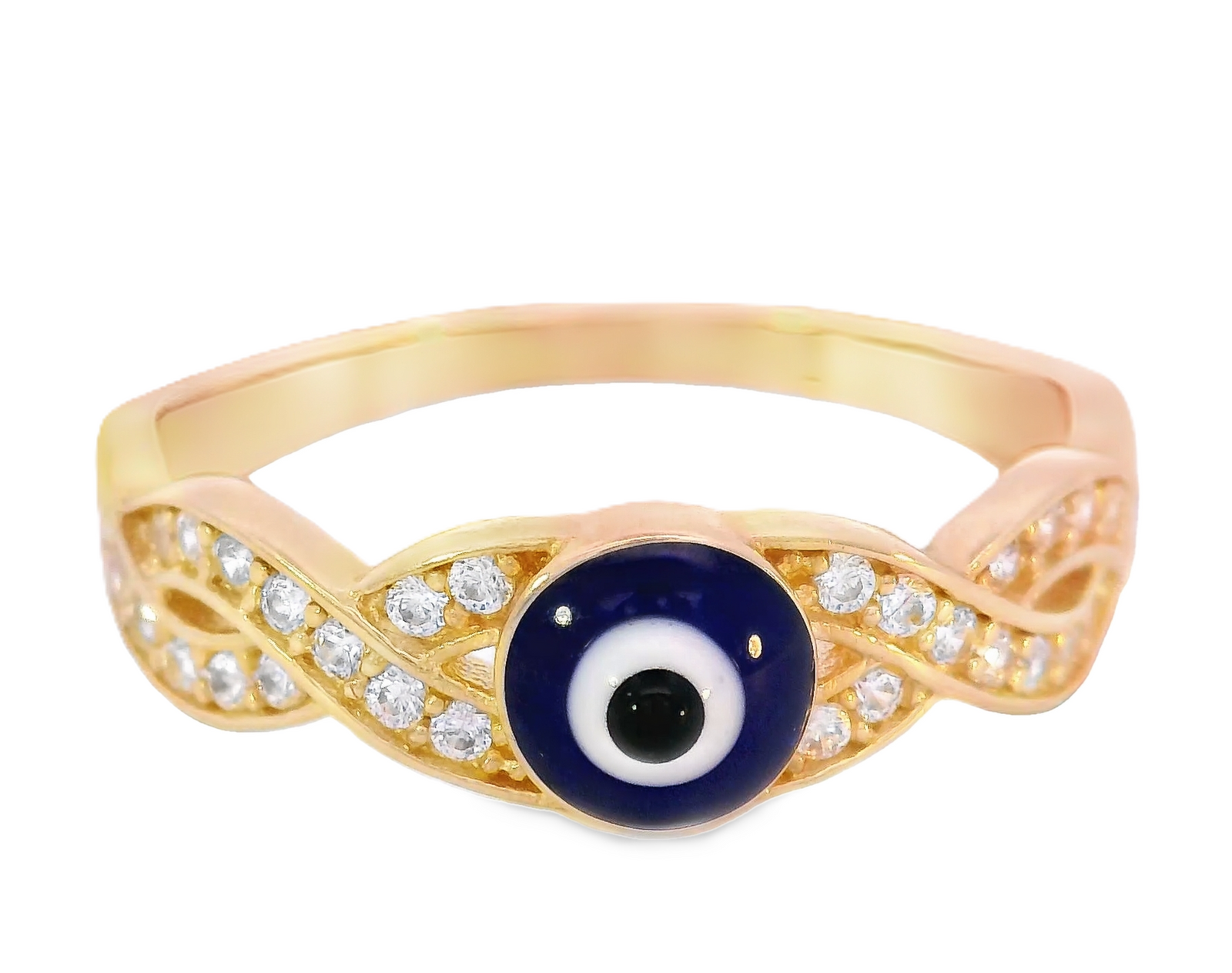 14K Real Gold Blue Evil Eye Fancy CZ Ring for Women