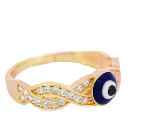 14K Real Gold Blue Evil Eye Fancy CZ Ring for Women