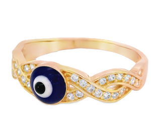 14K Real Gold Blue Evil Eye Fancy CZ Ring for Women