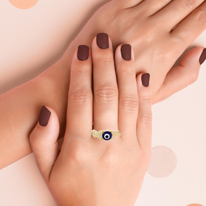 14K Real Gold Blue Evil Eye Fancy CZ Ring for Women