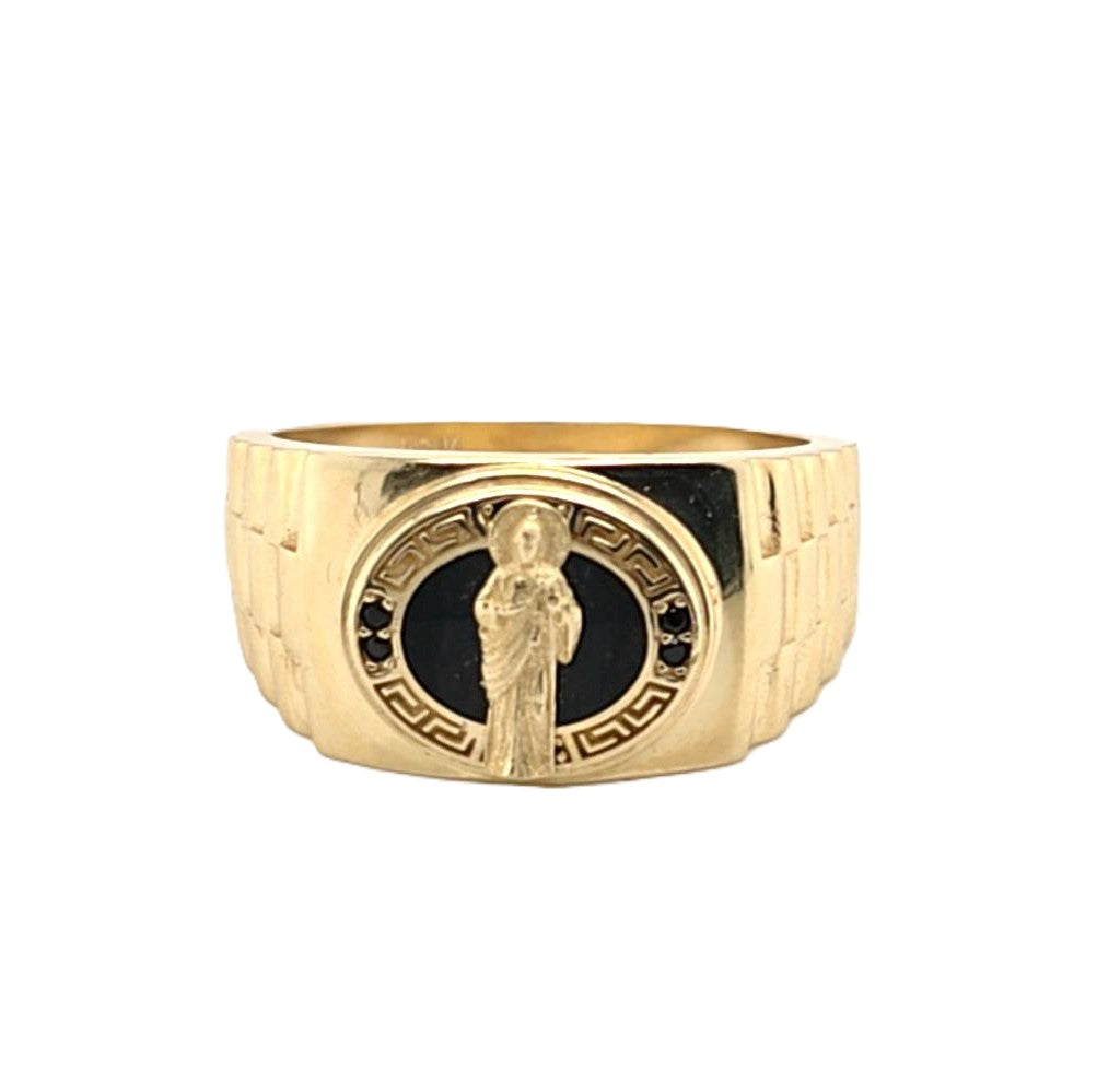 10K Real Gold Black Onyx Saint Jude Oval CZ Ring for Men