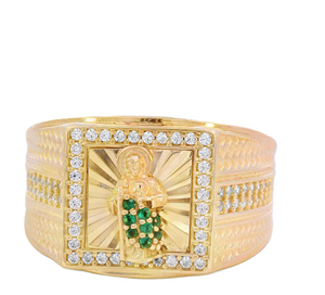 10K Real Gold Saint Jude Green Emerald stone CZ Fancy Ring for Men