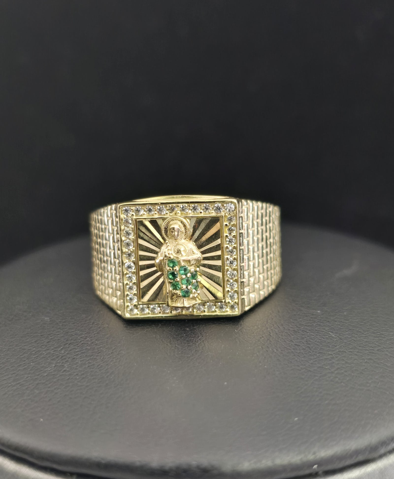 10K Real Gold Saint Jude Emerald Stone CZ Square Shape Ring