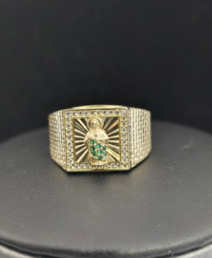 10K Real Gold Saint Jude Emerald Stone CZ Square Shape Ring