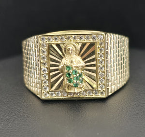 10K Real Gold Saint Jude Emerald Stone CZ Square Shape Ring