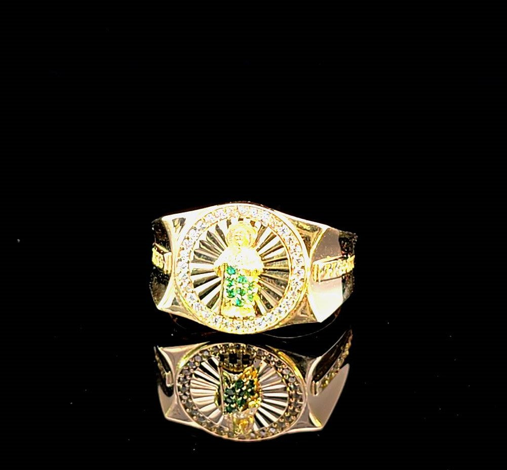 10K Real Gold Saint Jude Emerald Stone Round Shape CZ Band Ring for Men