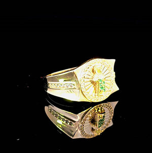 10K Real Gold Saint Jude Emerald Stone Round Shape CZ Band Ring for Men