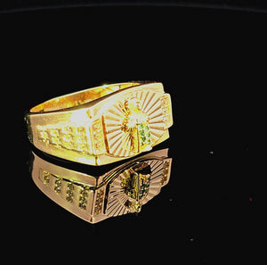 10K Real Gold Saint Jude Emerald Stone Oval Shape CZ Band Ring for Men