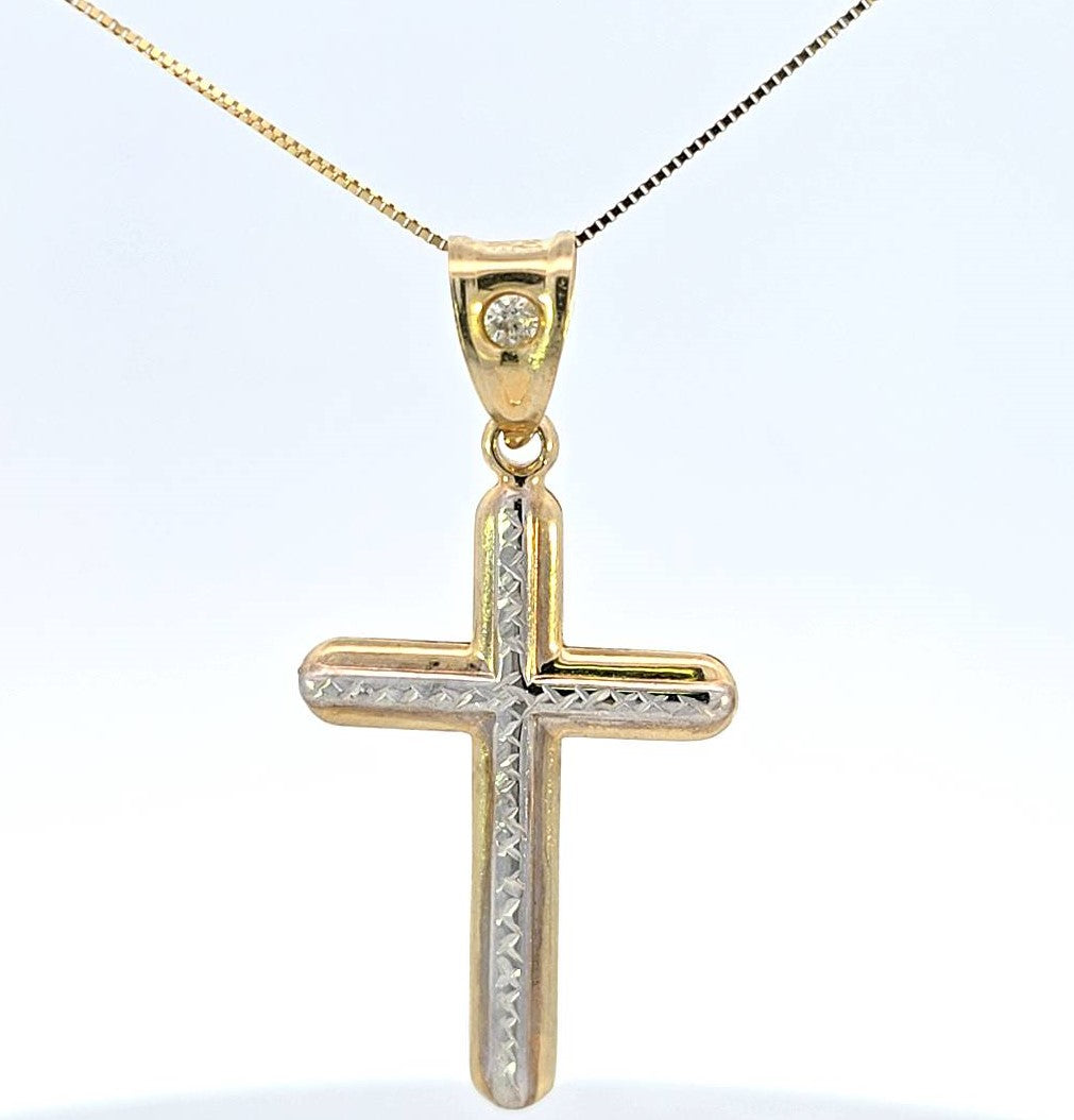 10K Real Gold Two Tone Reversible Cross Charm with Box Chain