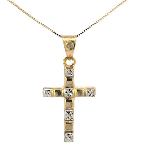 10K Real Gold Textured Two-Tone Cross Charm with Box Chain
