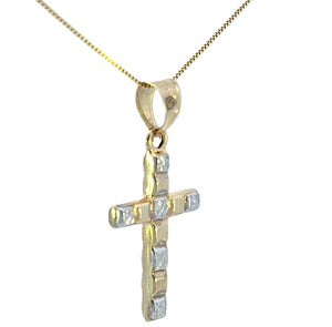 10K Real Gold Textured Two-Tone Cross Charm with Box Chain