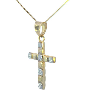 10K Real Gold Textured Two-Tone Cross Charm with Box Chain