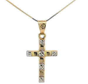 10K Real Gold Textured Two-Tone Cross Charm with Box Chain
