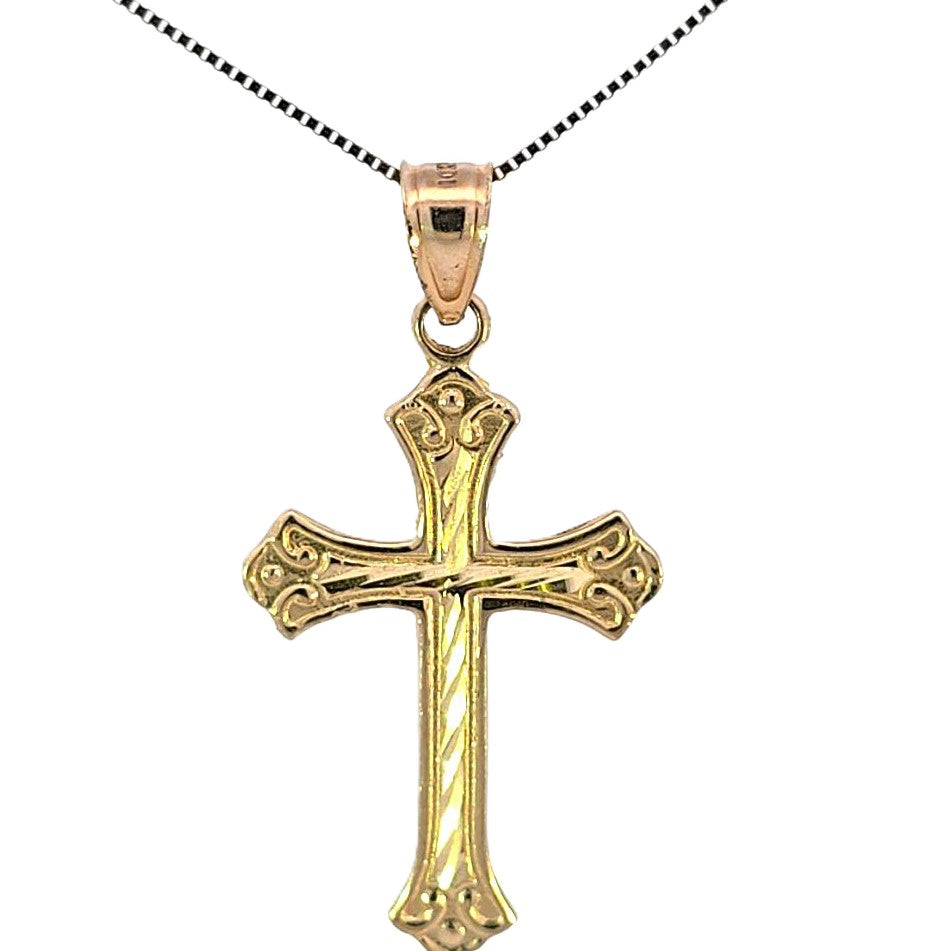 10K Real Gold Diamond Cut Design Cross Charm with Box Chain