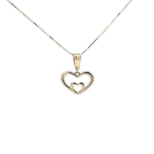10K Solid Real Gold Valentine Double Heart Charm/Pendant with Box Chain