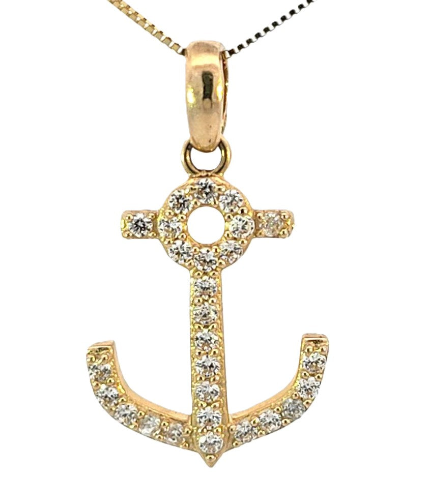 10K Real Gold Anchor Small CZ Charm with Box Chain