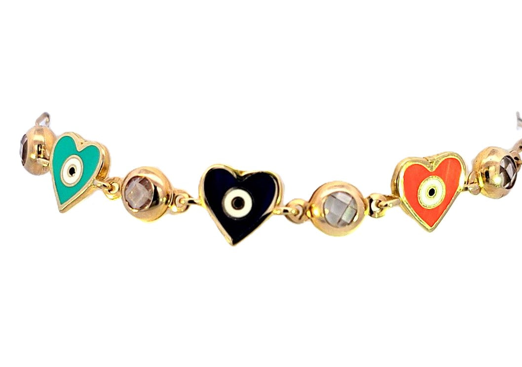 10K Real Gold CZ Clear Enamel Heart with Evil Eye Link Colorful Chain 8" Inch