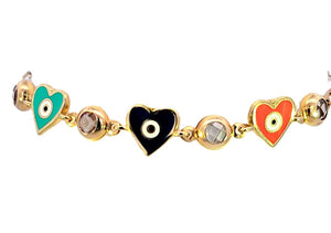 10K Real Gold CZ Clear Enamel Heart with Evil Eye Link Colorful Chain 8" Inch