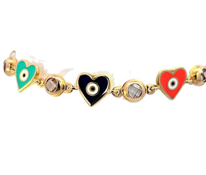 10K Real Gold CZ Clear Enamel Heart with Evil Eye Link Colorful Chain 8" Inch