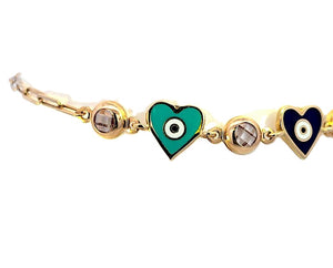 10K Real Gold CZ Clear Enamel Heart with Evil Eye Link Colorful Chain 8" Inch