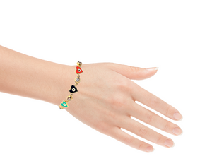 10K Real Gold CZ Clear Enamel Heart with Evil Eye Link Colorful Chain 8" Inch