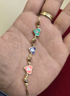 10K Real Gold CZ Clear Enamel Heart with Evil Eye Link Colorful Chain 8" Inch