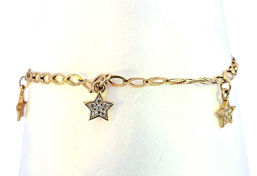 10K Real Gold CZ Star Charm Bracelet 7.5 Inch for Women