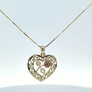 10K Solid Real Gold Valentine Tri-Color Heart With Rose Flower Charm/Pendant with Box Chain