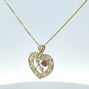 10K Solid Real Gold Valentine Tri-Color Heart With Rose Flower Charm/Pendant with Box Chain