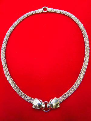 10K Real Gold Hollow Byzantine Double Panther Head with Green CZ Eyes Necklace