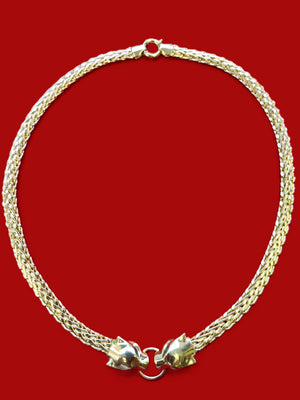 10K Real Gold Hollow Byzantine Double Panther Head with Green CZ Eyes Necklace