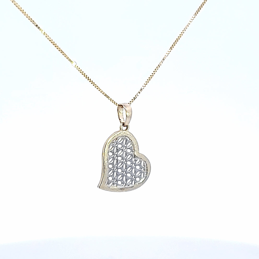 10K Solid Real Gold Two Tone Filigree Heart Charm/Pendant with Box Chain