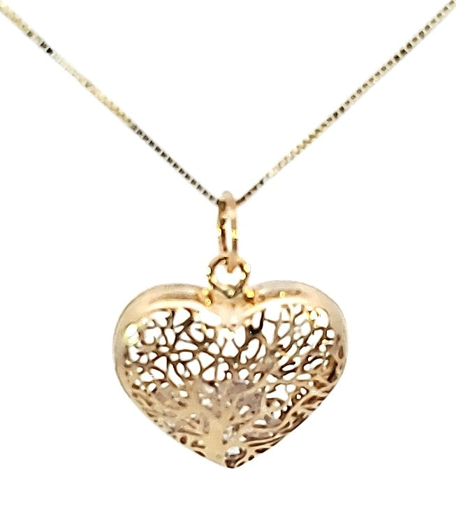 10k Real Gold Filigree Tree Heart with Loose CZ Inside Pendant with Box Chain
