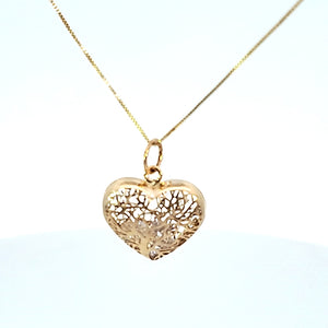 10k Real Gold Filigree Tree Heart with Loose CZ Inside Pendant with Box Chain