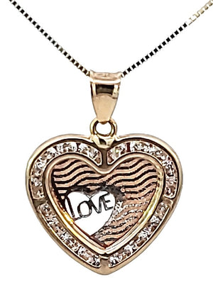10k Real Gold Tri Color CZ Love Heart Charm/Pendant with Box Chain