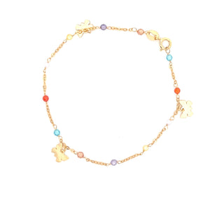 14K Real Gold Heart/ Butterfly Charm Colorful Beads Fancy Bracelet- 7"