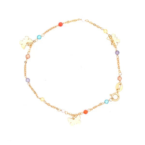 14K Real Gold Heart/ Butterfly Charm Colorful Beads Fancy Bracelet- 7"