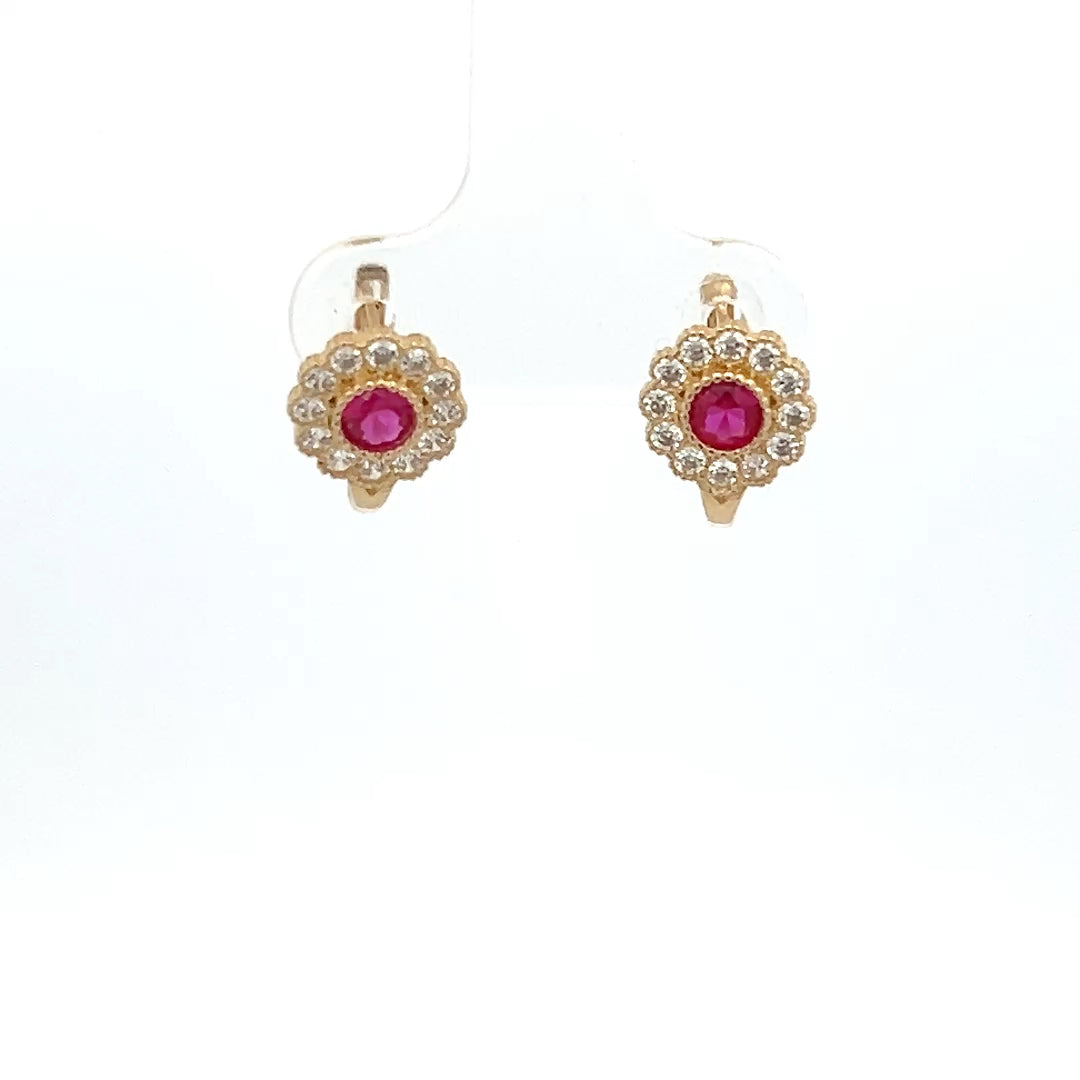 10K Real Gold Flower Shaped Colorful CZ Stud Style Earrings With French Clip