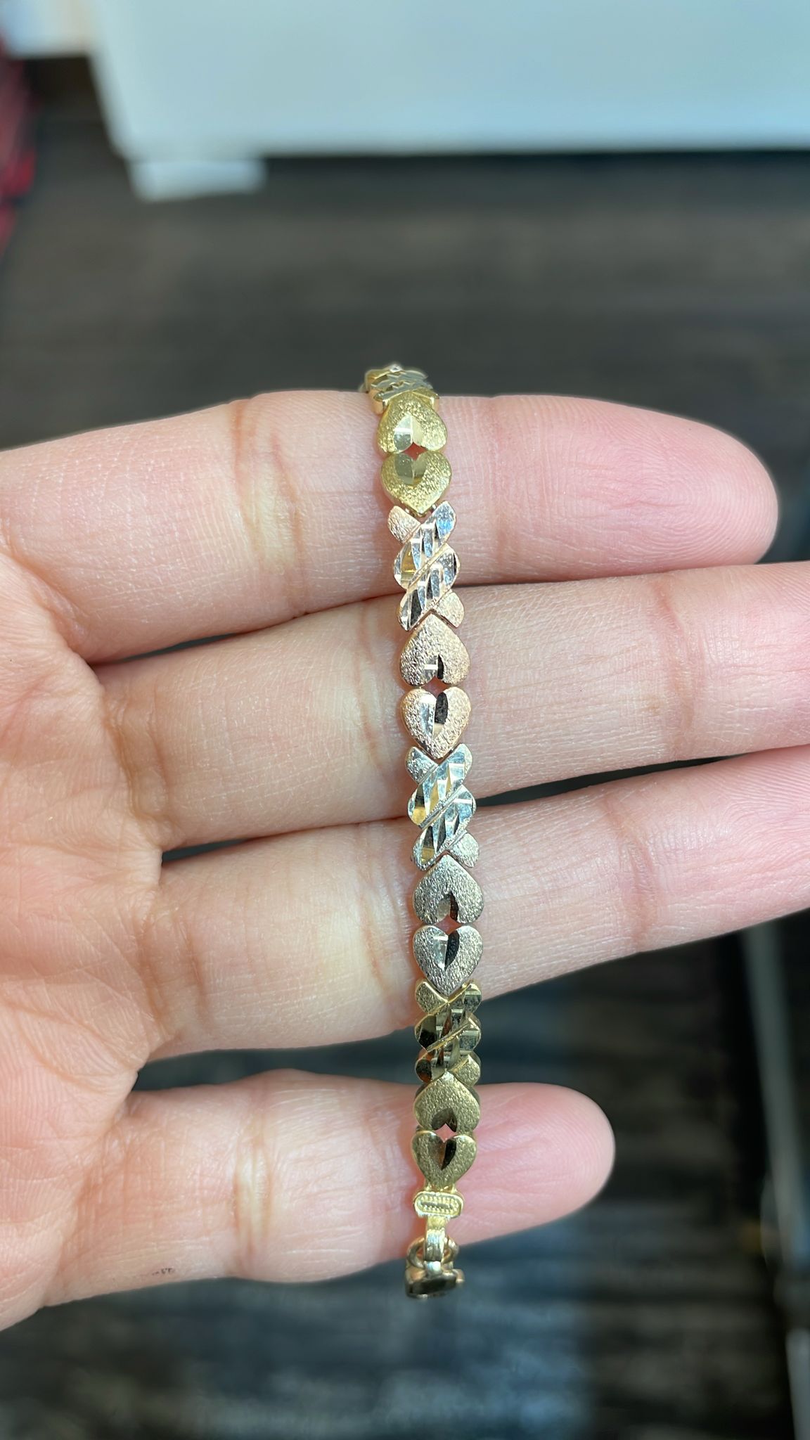Real 10K Solid Tri Color Rose, Yellow & White Gold Fancy Heart Bracelet 7inch for Women for Women