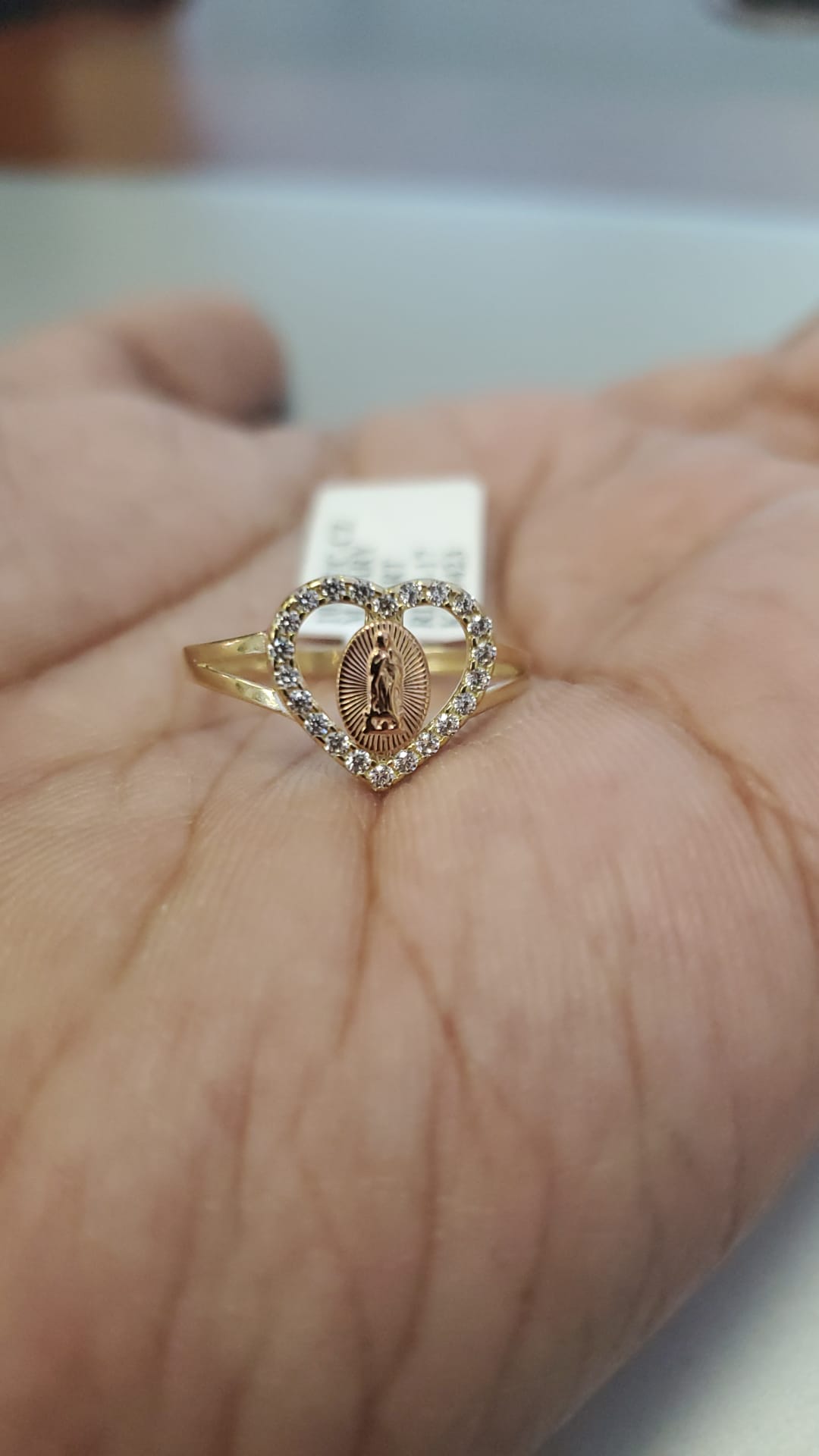 10K Solid Yellow Gold Heart Cz Mother Mary Ring