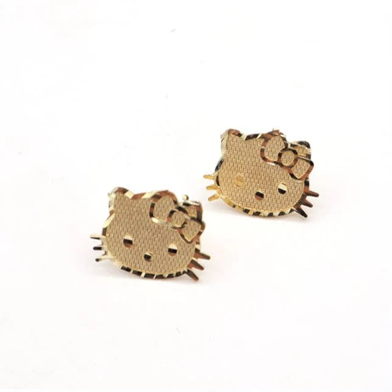 10K Real Gold Cat Face Stud Earrings for Girls, Women's