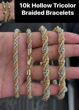 Real Gold 10K Hollow Tricolor Braided Bracelet