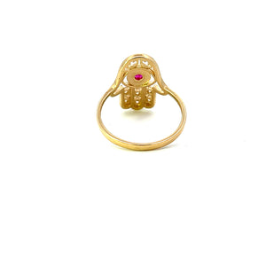 14K Real Gold Hamsa Hand Blue & PinkCZ Ring
