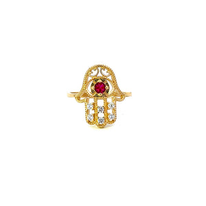 14K Real Gold Hamsa Hand Blue & PinkCZ Ring