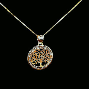 10K Solid Yellow Gold Tree Cz Pendant Charm with Box Chain