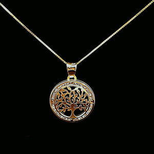 10K Solid Yellow Gold Tree Cz Pendant Charm with Box Chain