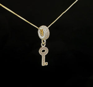 10K Solid Real Yellow Gold Cz Key Pendant Charm with Box Chain